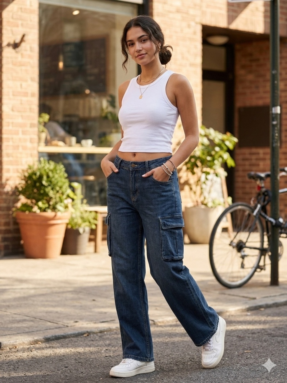 High-Rise Dark Blue Wide-Leg Cargo Jeans - Women's